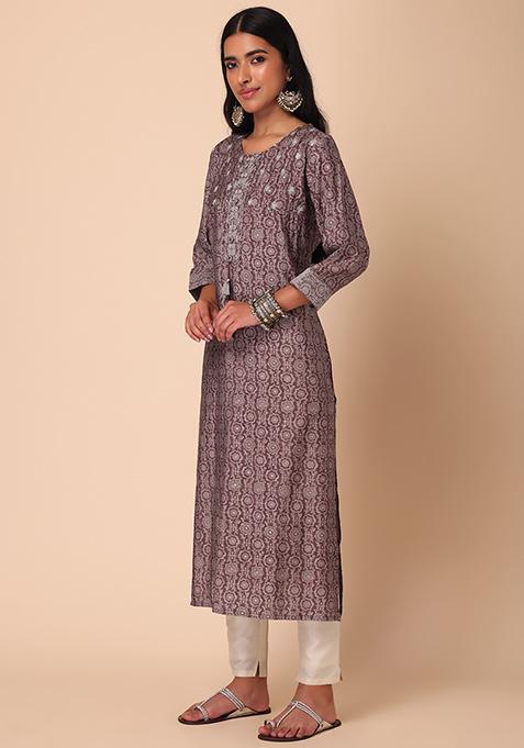 Buy Women Deep Pink Floral Print Embroidered Cotton Straight Kurta ...