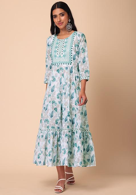 White Floral Printed Cotton Anarkali Kurta main image 1