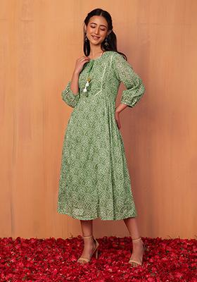 Green Bandhani Print Embroidered Cotton Anarkali Kurta 