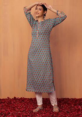 Pastel Blue Floral Boota Print Cotton Straight Kurta 