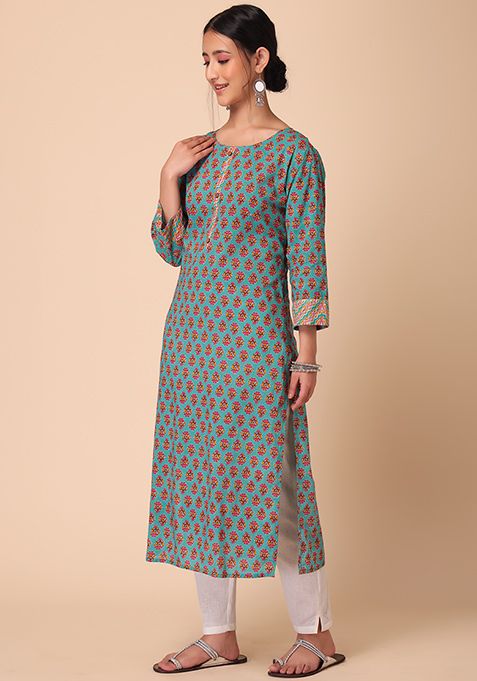 Buy Women Pastel Blue Floral Boota Print Cotton Straight Kurta - Kurtas ...