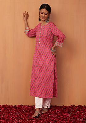 Pink Floral Boota Print Cotton Straight Kurta 