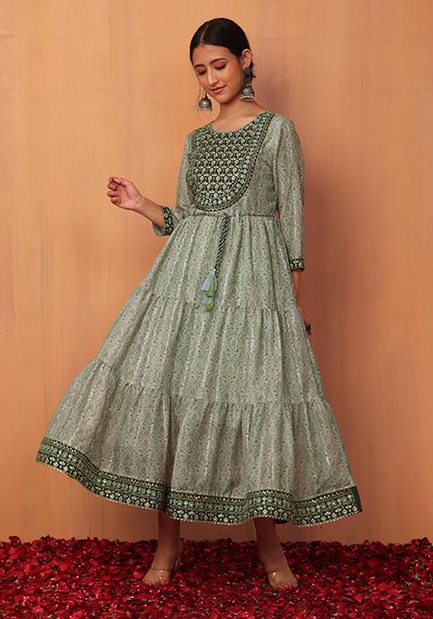 Green Mughal Print Tiered Cotton Anarkali Kurta 