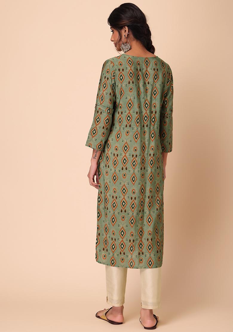 Green Block Print Gota Embroidered Muslin Pintuck Kurta  - Indya