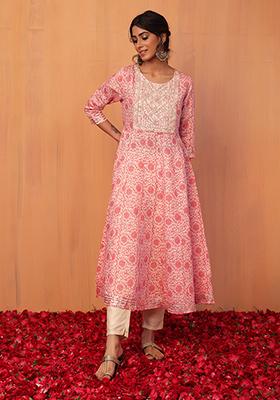 Peach Batik Print Embroidered Muslin Anarkali Kurta 