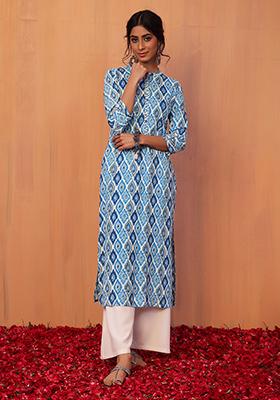 Light Blue Abstract Print Embroidered Straight Kurta 