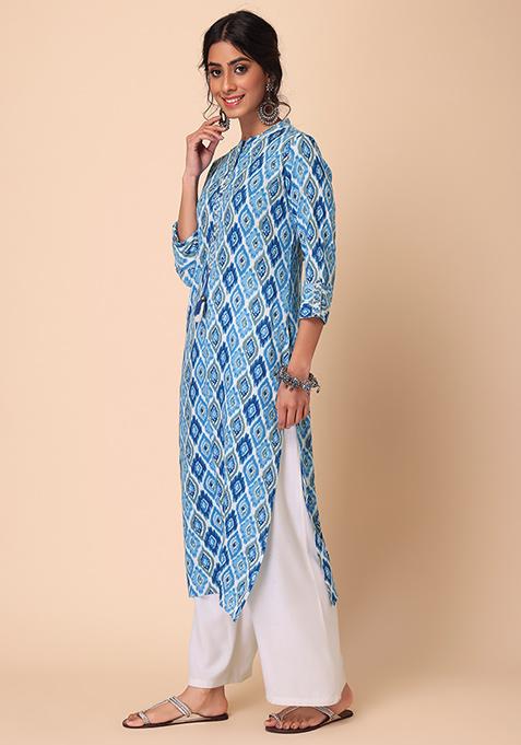 Blue - Hand Embroidered Turkish Blue Cotton Long Straight Kurta