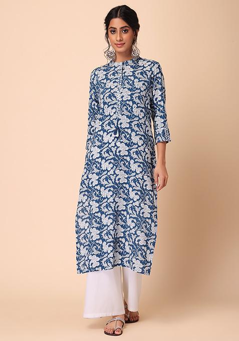 Buy Women Light Blue Floral Jaal Print Embroidered Straight Kurta ...