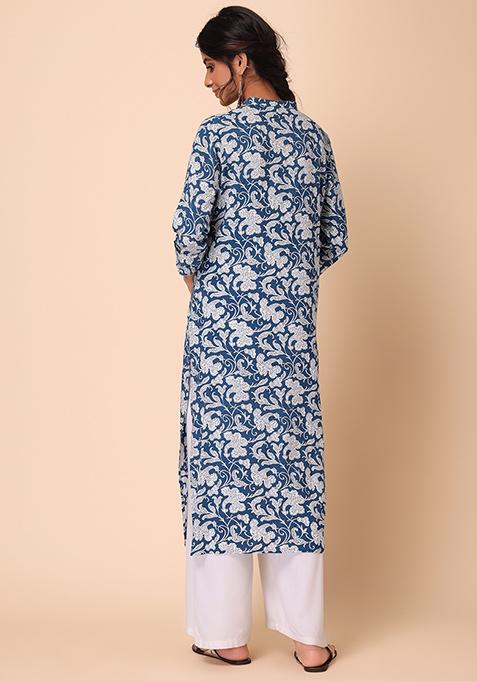 Buy Women Light Blue Floral Jaal Print Embroidered Straight Kurta