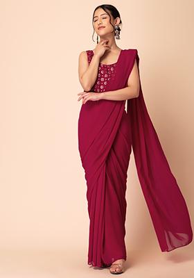 Pink Pre-Stitched Saree With Attached Embroidered Blouse