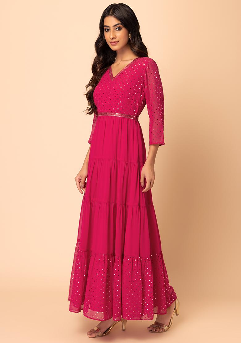 Dark Pink Foil Print Tiered Maxi Kurta With Dori Belt (Set of 2)