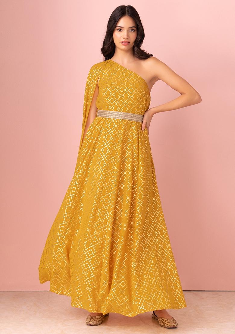 Buy Women Mustard Printed Side-Tie A-Line Kurta - Exclusive Deals - Indya