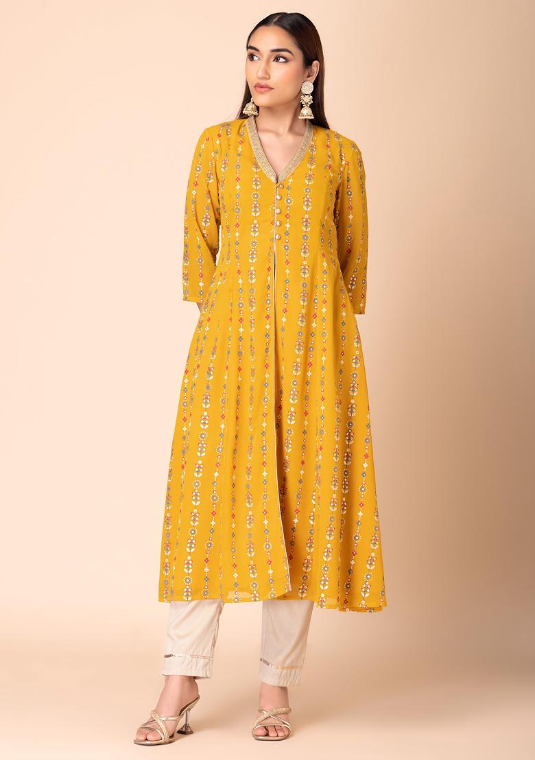 Mustard Yellow Floral Print Front Slit Kurta