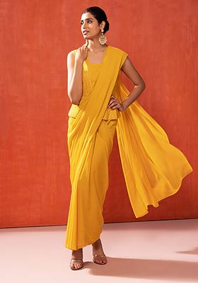 Mustard Yellow Pre-Stitched Saree With Attached Peplum Blouse