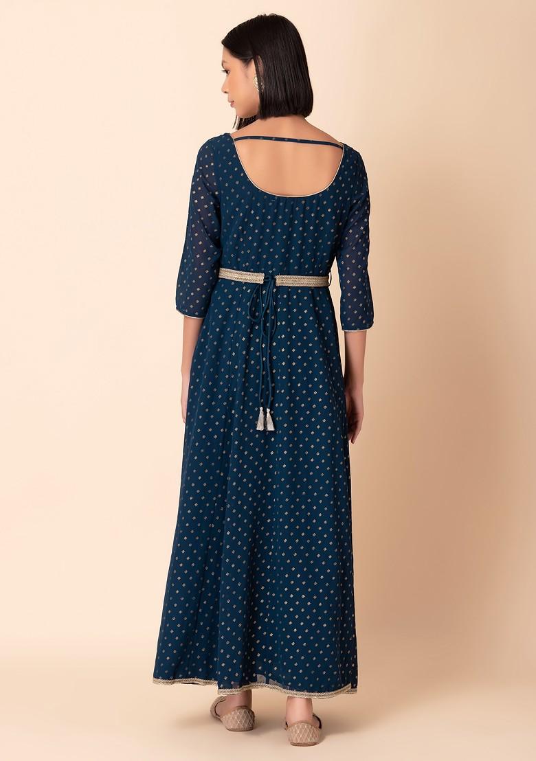 Teal Blue Foil Print Anarkali Kurta With Dori Belt (Set of 2)