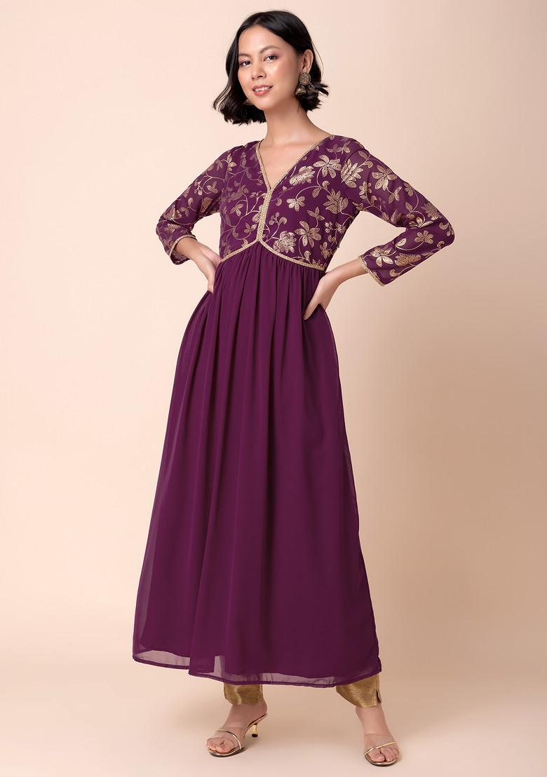 Dark Purple Foil Print Back Cut Out Anarkali Kurta