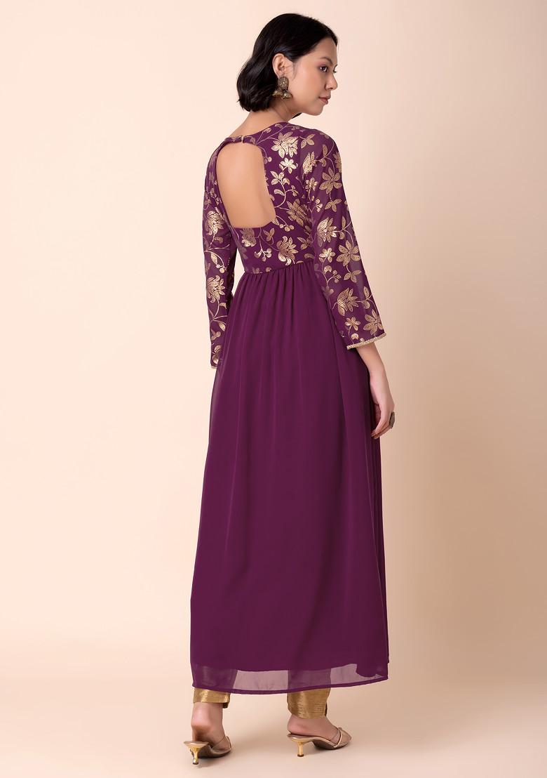 Dark Purple Foil Print Back Cut Out Anarkali Kurta