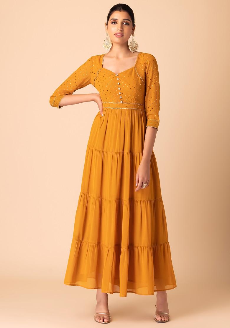 Orange Polka Dot Foil Print Tiered Kurta