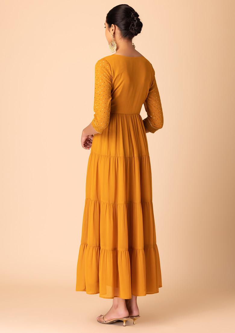 Orange Polka Dot Foil Print Tiered Kurta