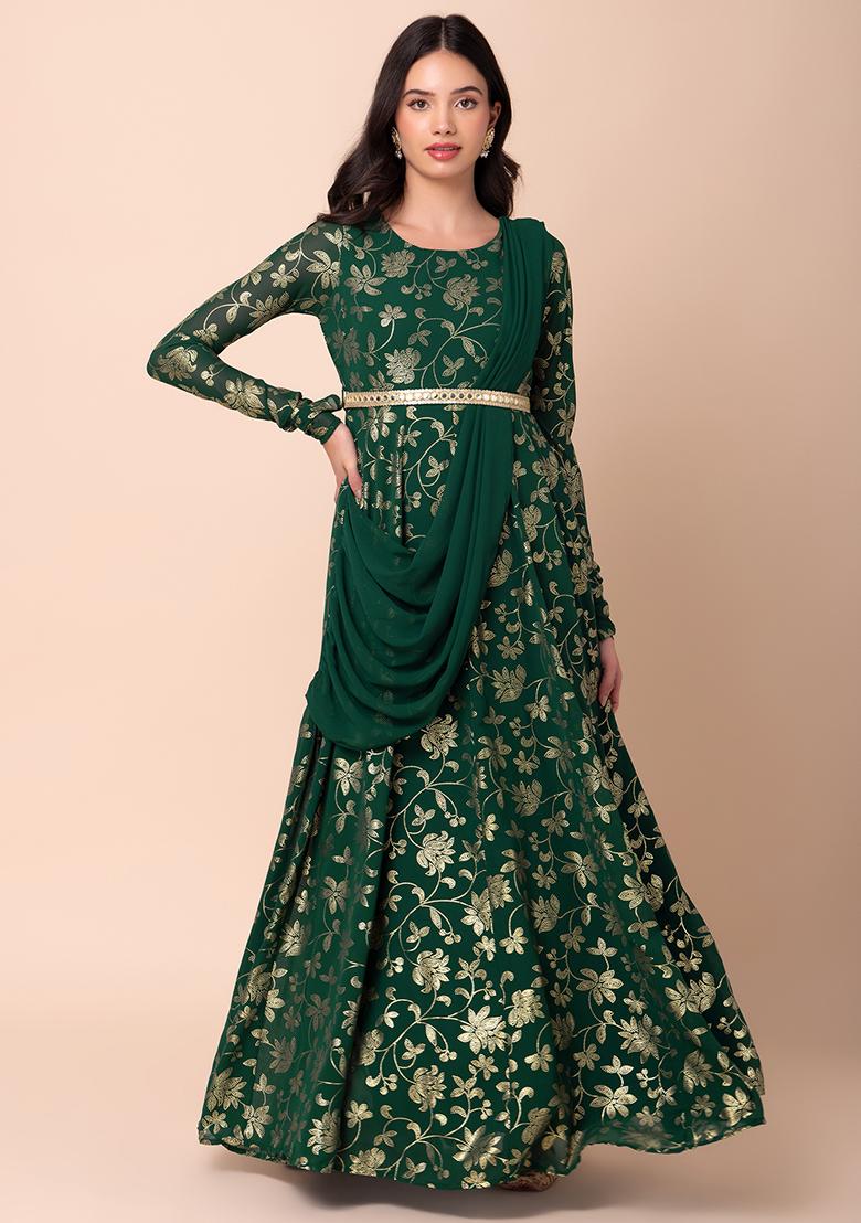 Dark Green Floral Foil Print Anarkali Kurta With Attached Dupatta And Belt (Set of 2)
