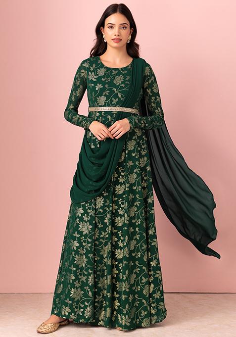 Dark Green Floral Foil Print Anarkali Kurta With Attached Dupatta And Belt (Set of 2)