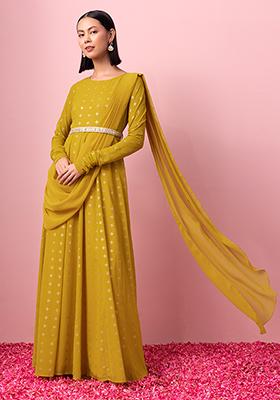 Mustard Yellow Foil Print Anarkali Kurta With Attached Dupatta And Belt (Set of 2)