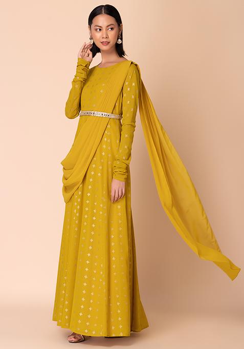 Women's Green Roman Silk Foil Print Anarkali Kurta With Dupatta