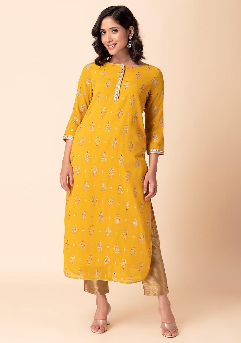 Mustard Yellow Mughal Foil Print Straight Kurta