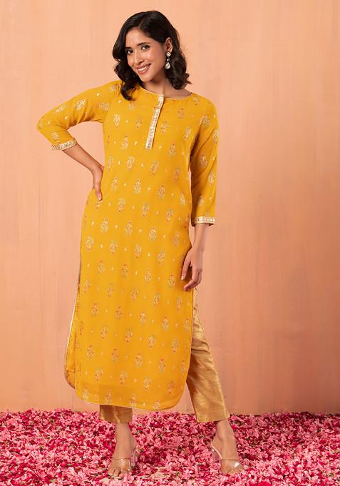 Mustard Yellow Mughal Foil Print Straight Kurta