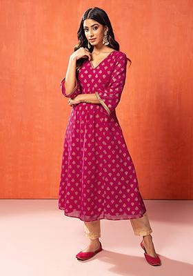 Pink Foil Print Bell Sleeve A-Line Kurta