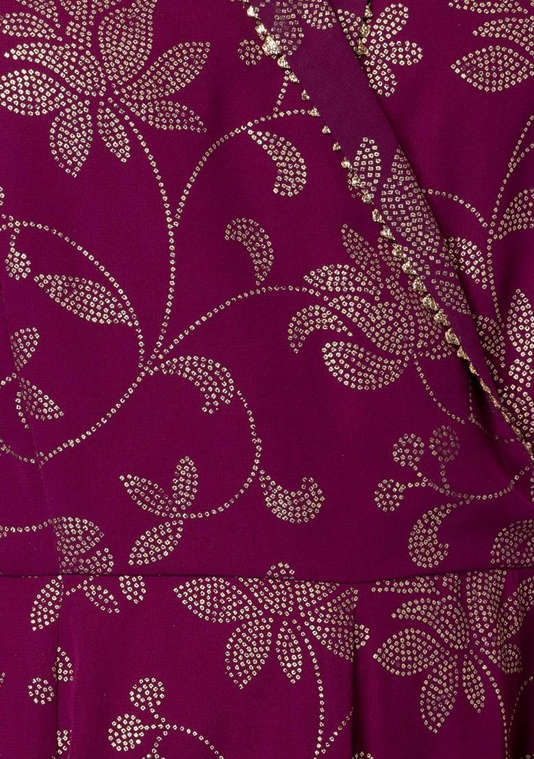 Plus Size Magenta Poly Crepe Foil Floral Print Angrakha Kurta – 4XL, 5XL, 6XL