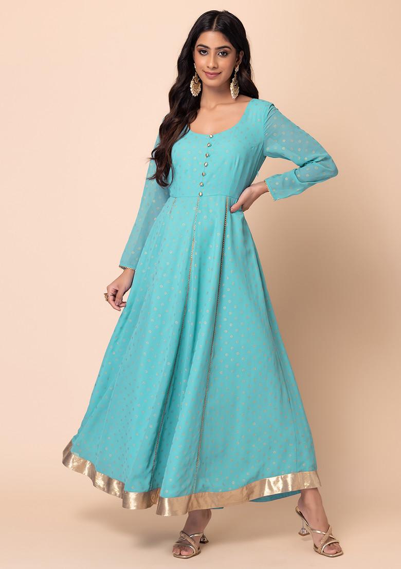 Blue Ditsy Foil Print Anarkali Kurta