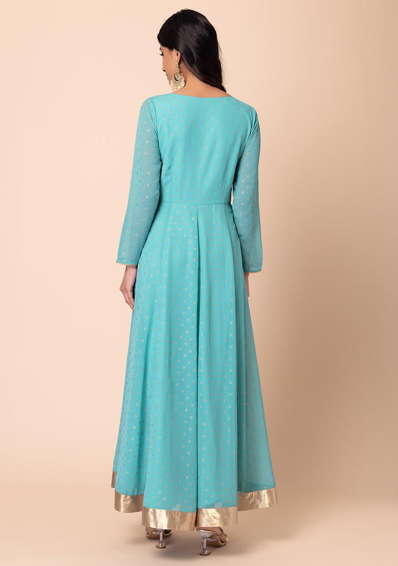 Blue Ditsy Foil Print Anarkali Kurta