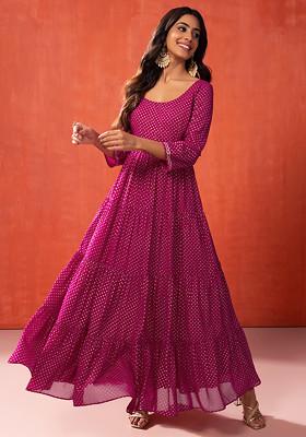 Dark Pink Polka Dot Foil Print Tiered Kurta With Belt (Set of 2)