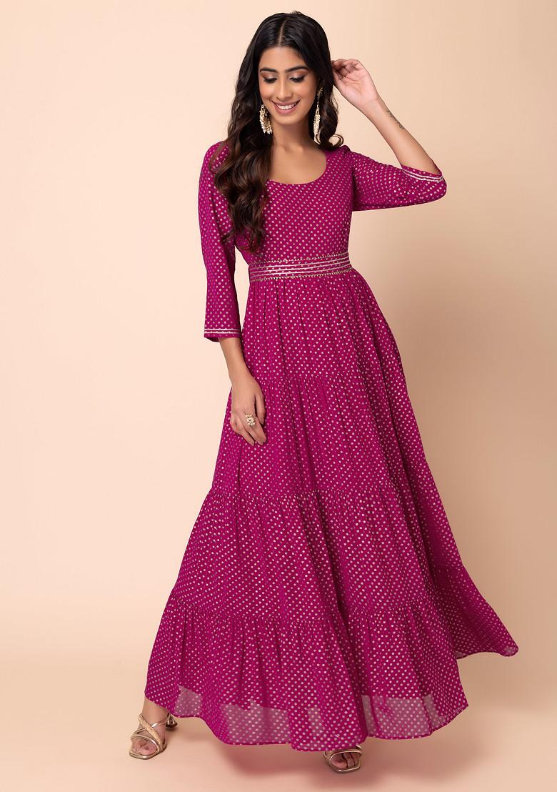 Dark Pink Polka Dot Foil Print Tiered Kurta With Belt (Set of 2)