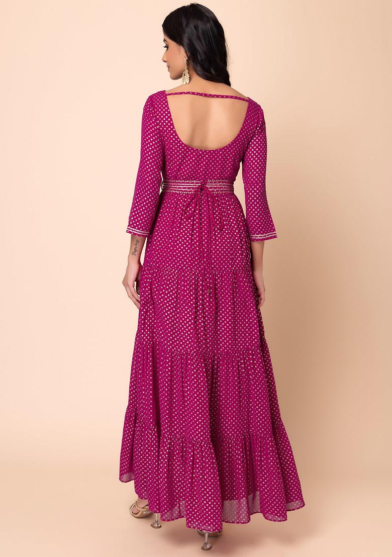 Dark Pink Polka Dot Foil Print Tiered Kurta With Belt (Set of 2)