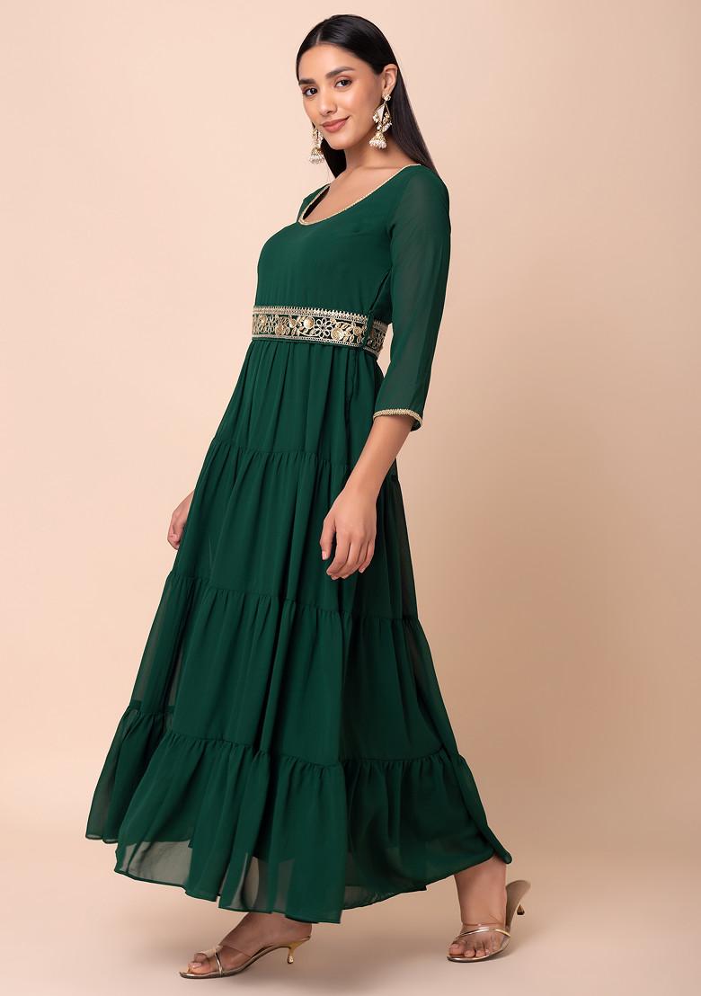 Dark Green Tiered Kurta With Embroidered Belt (Set of 2)