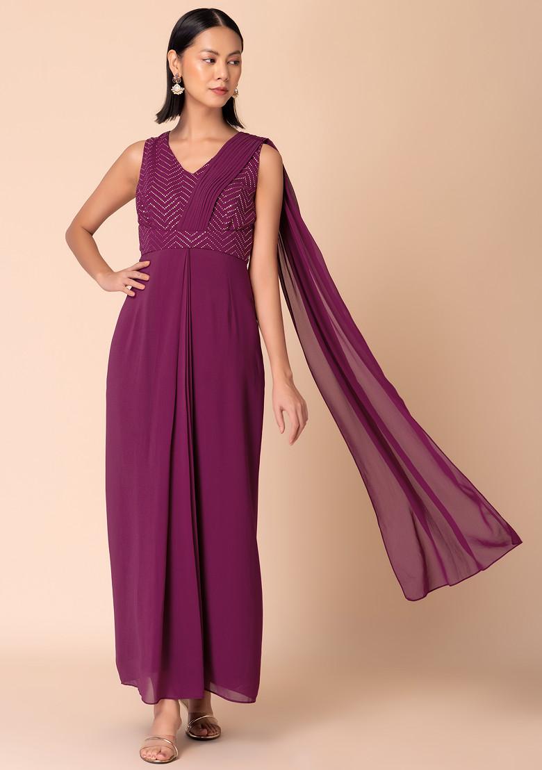 Purple Pre-Stitched Saree With Attached Foil Print Blouse