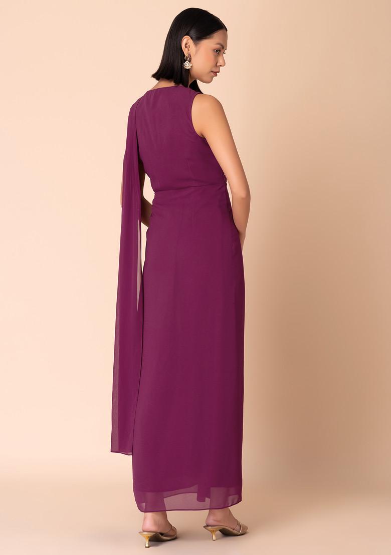 Purple Pre-Stitched Saree With Attached Foil Print Blouse