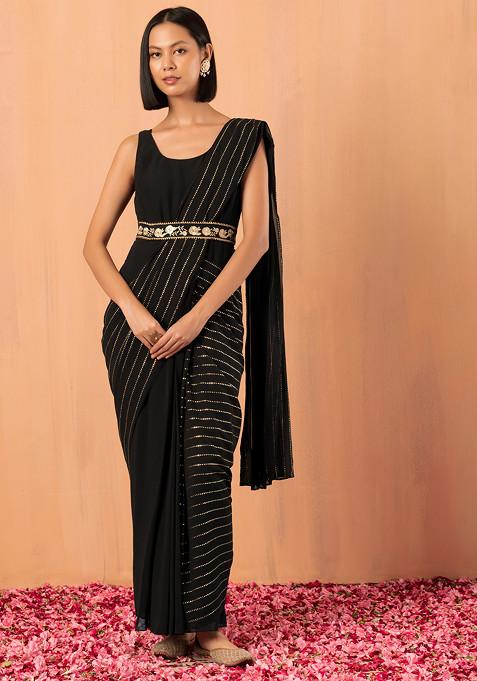 Black Foil Striped Print Pre-Stitched Saree With Attached Blouse And Belt (Set of 2)
