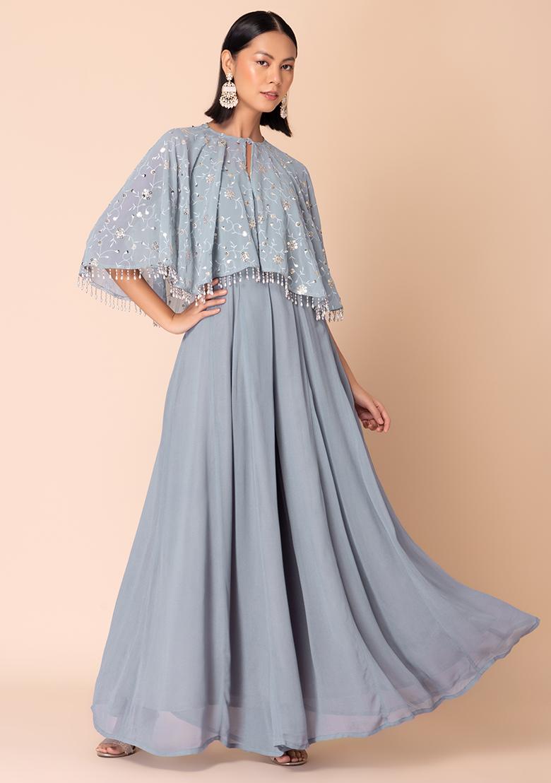 Light Blue Flared Jumpsuit With Embroidered Cape (Set of 2)