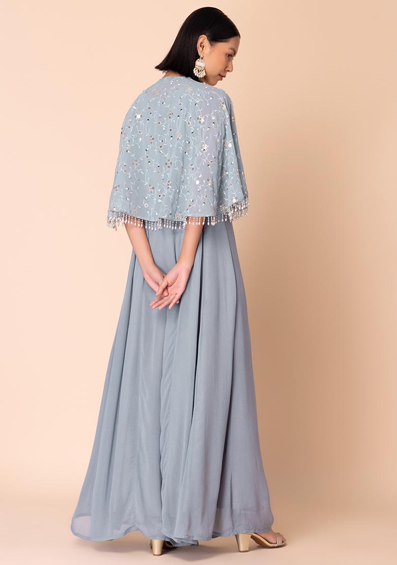 Light Blue Flared Jumpsuit With Embroidered Cape (Set of 2)