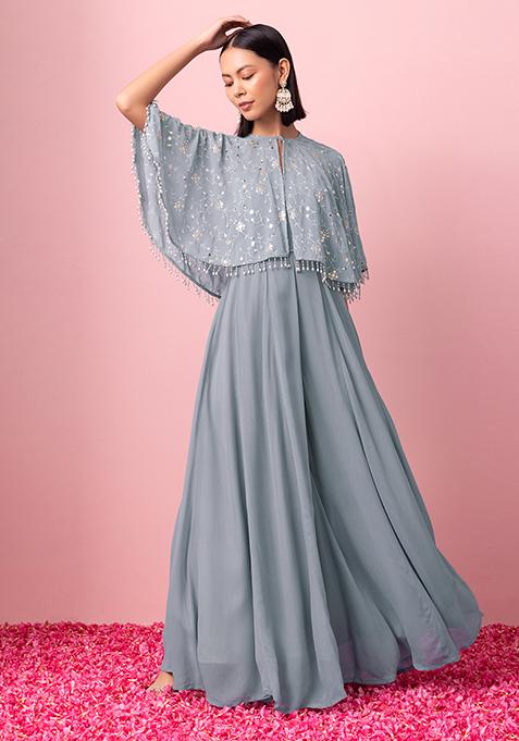 Light Blue Flared Jumpsuit With Embroidered Cape (Set of 2)