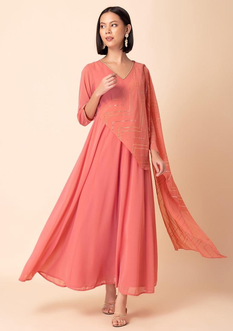 Dusty Pink Foil Print Flared Kurta With Attached Drape