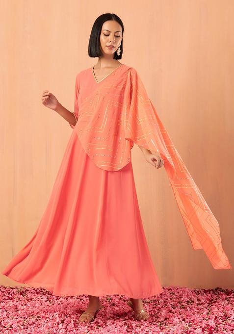 Dusty Pink Foil Print Flared Kurta With Attached Drape