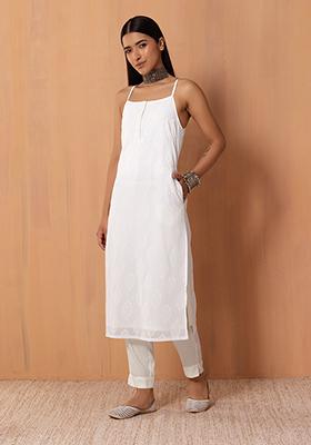 White Boota Print Strappy Straight Kurta