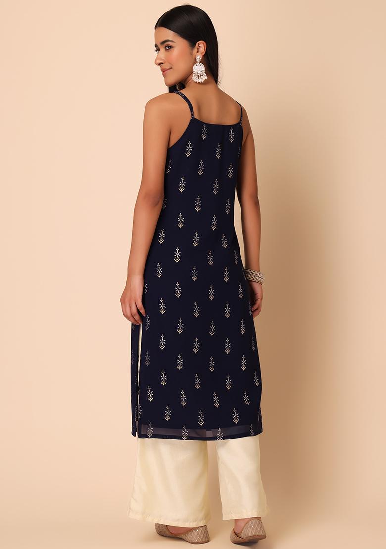 Navy Blue Floral Foil Print Strappy Straight Kurta