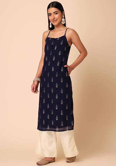 Women Liva Turquoise Blue Foil Print Kurta