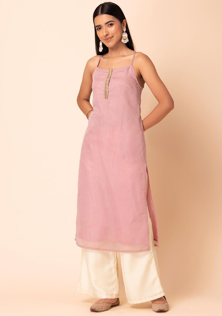 Indya Pastel Pink Lace Detail Strappy Kurta- ITN05267 Indya Pastel Pink Lace Detail Strappy Kurta- ITN05267