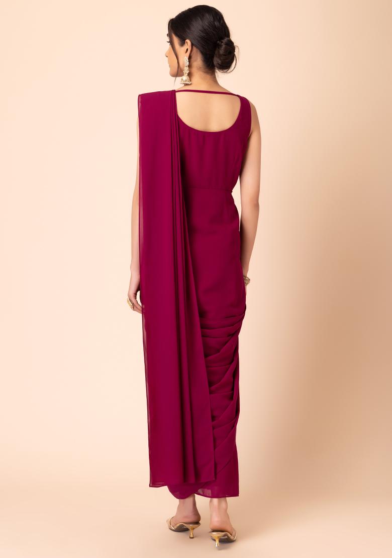 Maroon Pre-Stitched Saree With Attached Embroidered Blouse